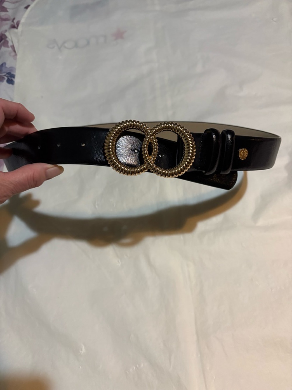 Vince Camuto Vegan Leather Belt with Textured Gold Double-Ring Buckle